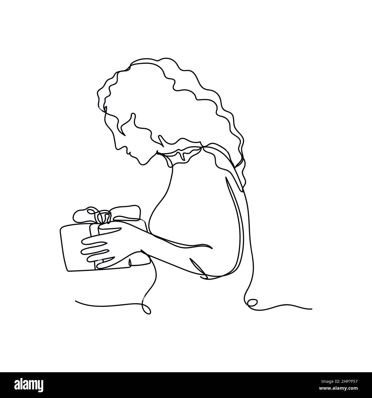 Vector abstrait continu une ligne simple dessin icône de femme de féliciter avec boîte cadeau anniversaire de noël dans silhouette croquis. Illustration de Vecteur
