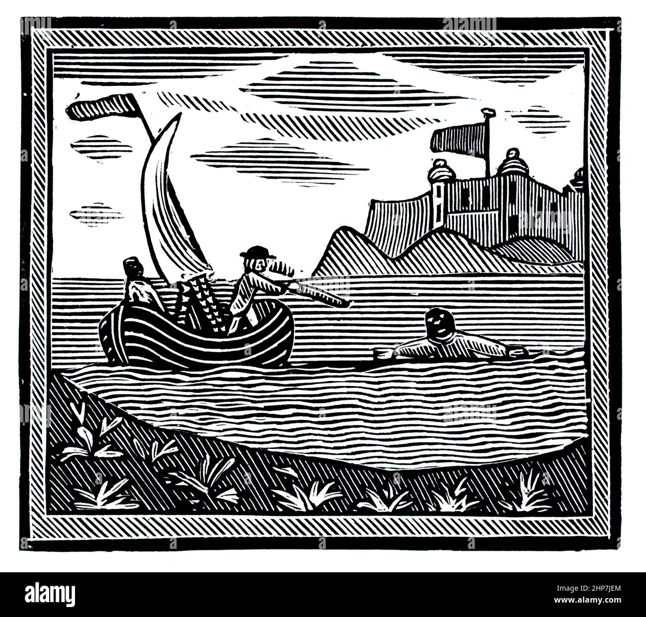 18th Century Children’s Robinson Crusoe CHAP Book Illustration, coupe de bois, Crusoe et Xury échapper Banque D'Images