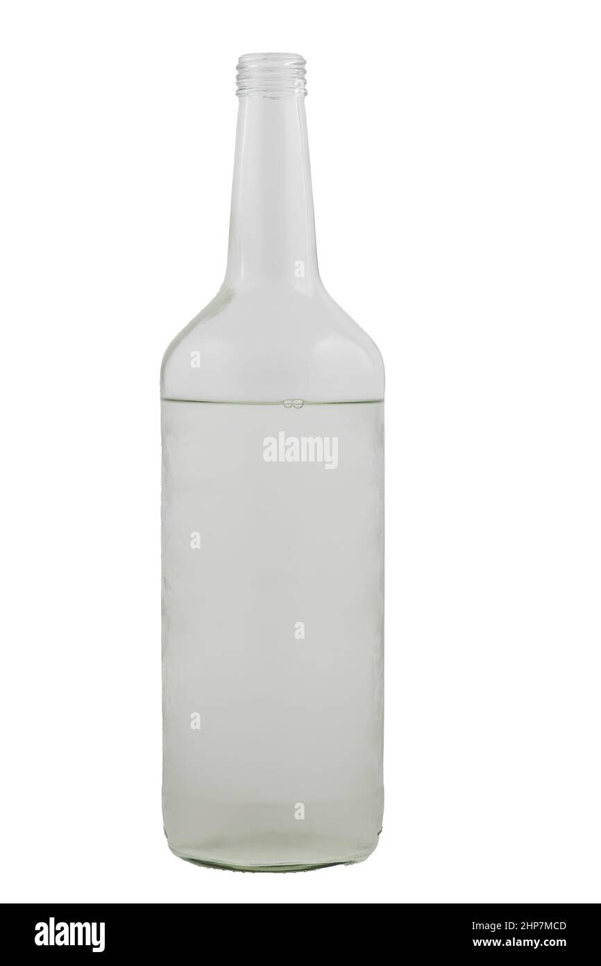 Flacon transparent de litre avec liquide transparent sur fond blanc. Banque D'Images