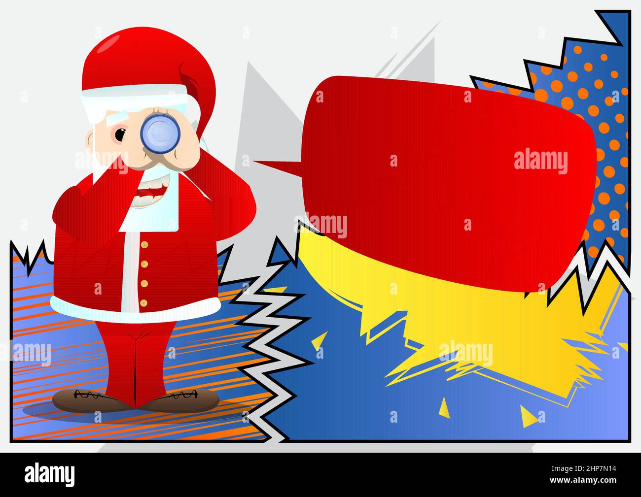 Le Père Noël dans ses vêtements rouges avec une barbe blanche tenant des jumelles dans ses mains. Illustration de Vecteur