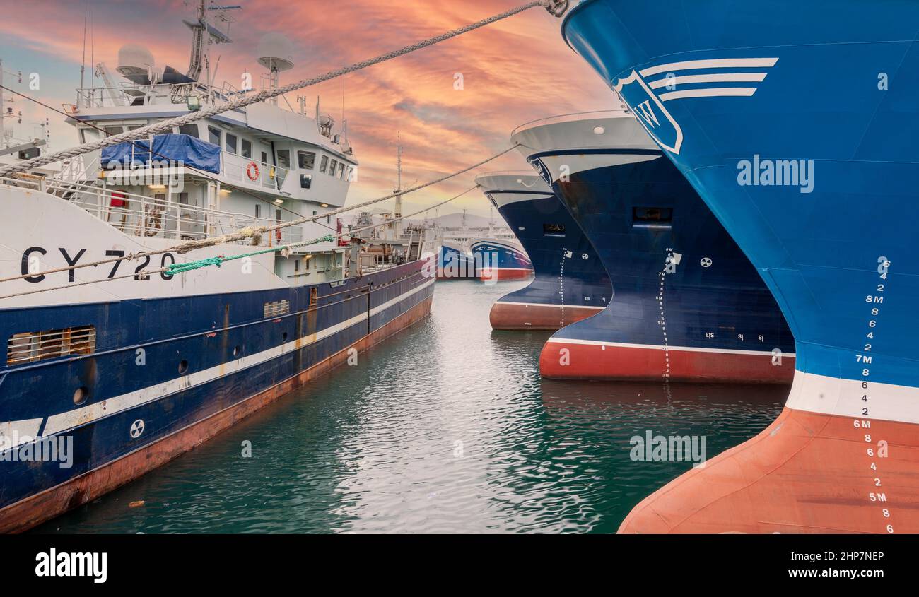 Vue spectaculaire sur les arcs des chalutiers de pêche en haute mer amarrés au port de Fraserburgh, Fraserburgh, Aberdeenshire, Écosse, Royaume-Uni Banque D'Images