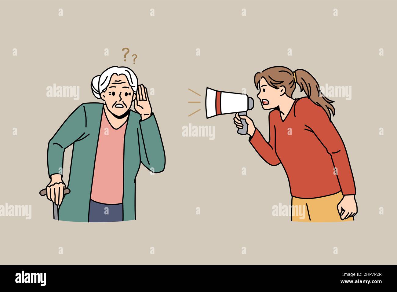 Une jeune fille hurle dans un haut-parleur à une grand-mère sourde Illustration de Vecteur