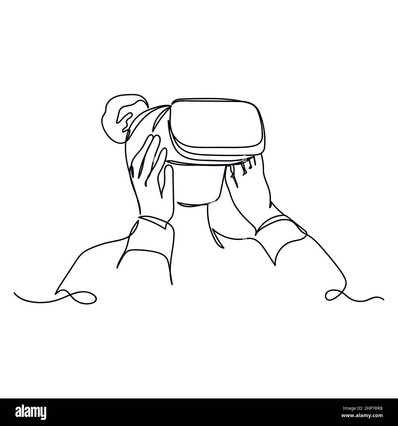 Vecteur abstrait continu une seule ligne simple dessin icône de femme utilisant la réalité virtuelle dans l'esquisse de silhouette. Illustration de Vecteur