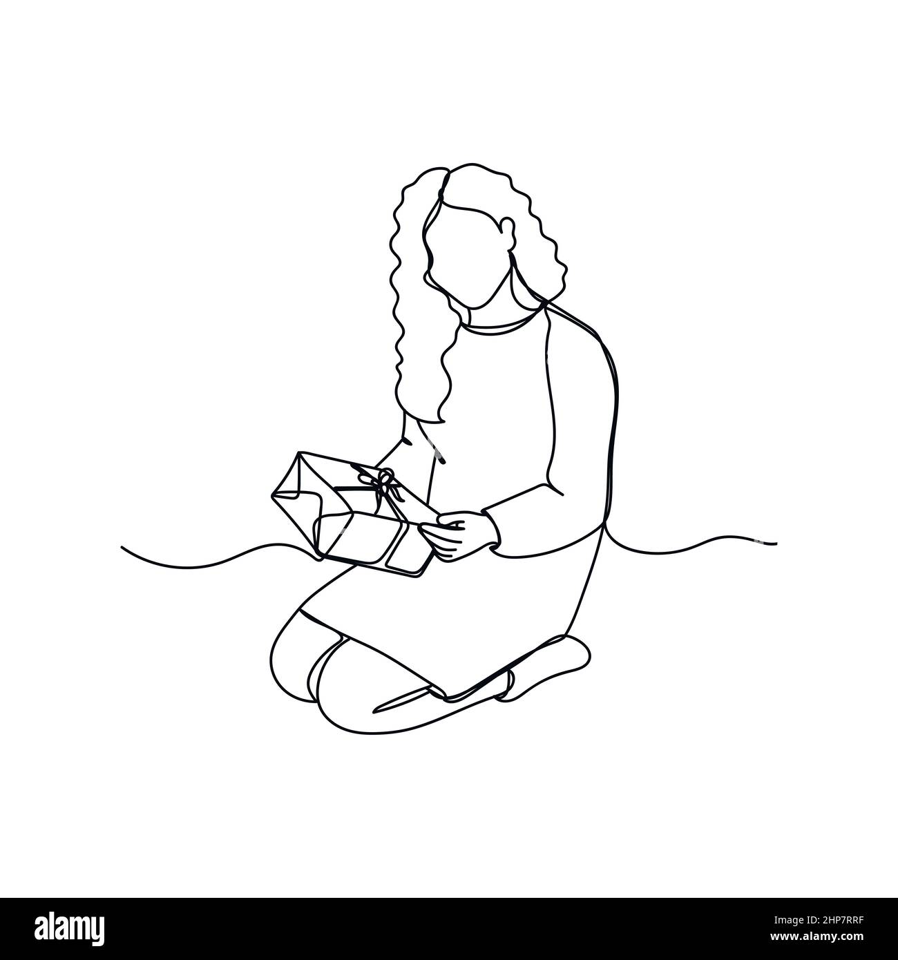Vecteur résumé continu une ligne simple dessin icône de bouteille avec fille ouvre des cadeaux de noël dans le dessin de silhouette. Illustration de Vecteur