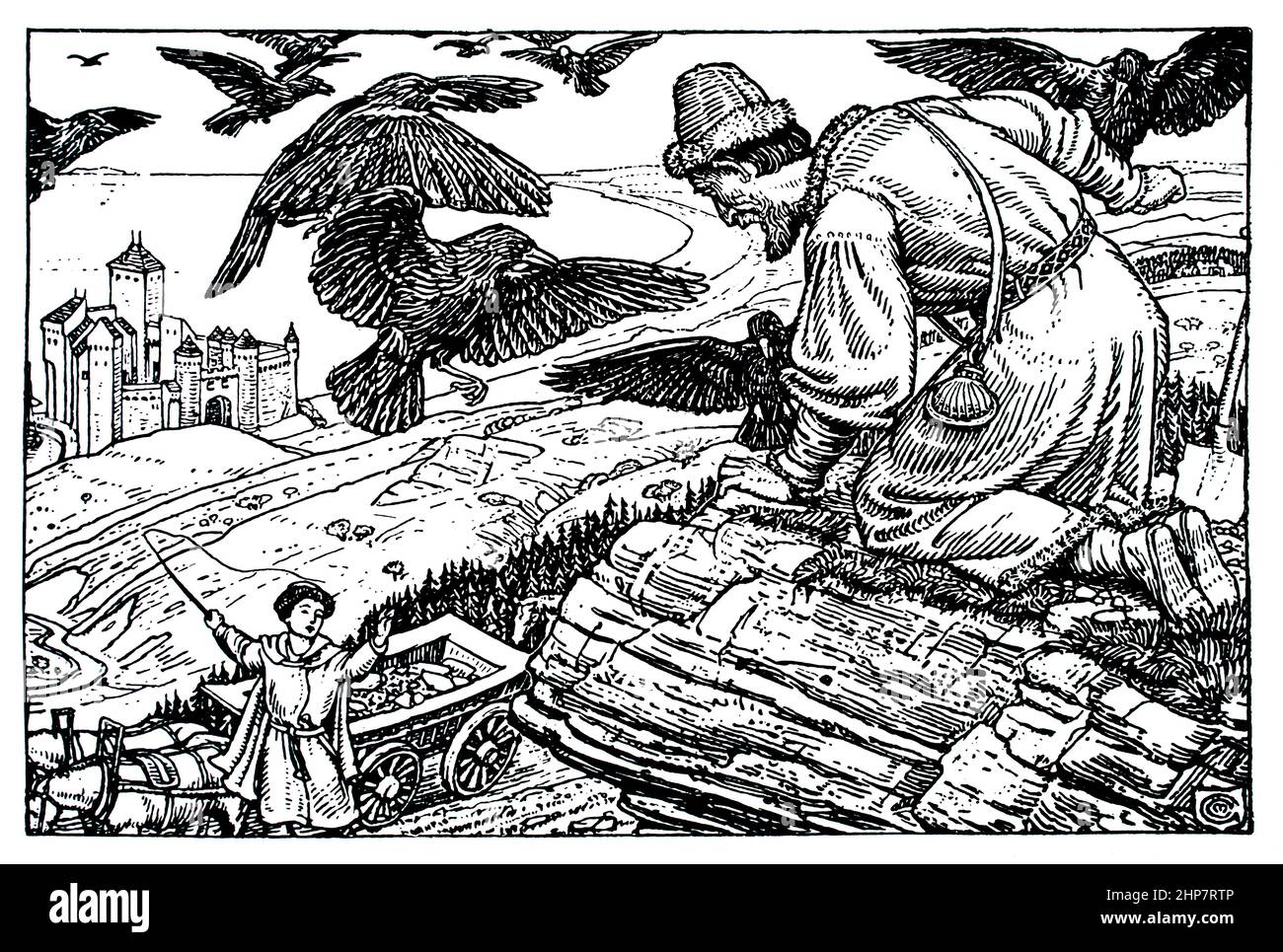 Homme entouré d'oiseaux sur une grande corniche au-dessus du château, 1893 illustration par C M Gere: De Russian Fairy Tales publié par Lawrence et Bullen Banque D'Images