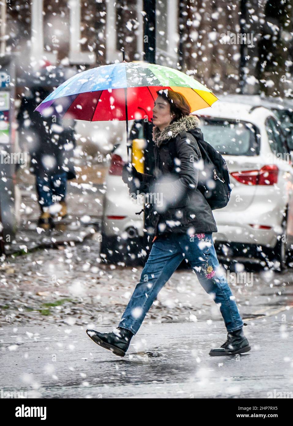 La neige abondante à York dans le Yorkshire, après Storm Eunice a causé des dégâts, des perturbations et des rafales de vent record au Royaume-Uni et en Irlande, entraînant la mort d'au moins quatre personnes. Date de la photo: Samedi 19 février 2022. Banque D'Images