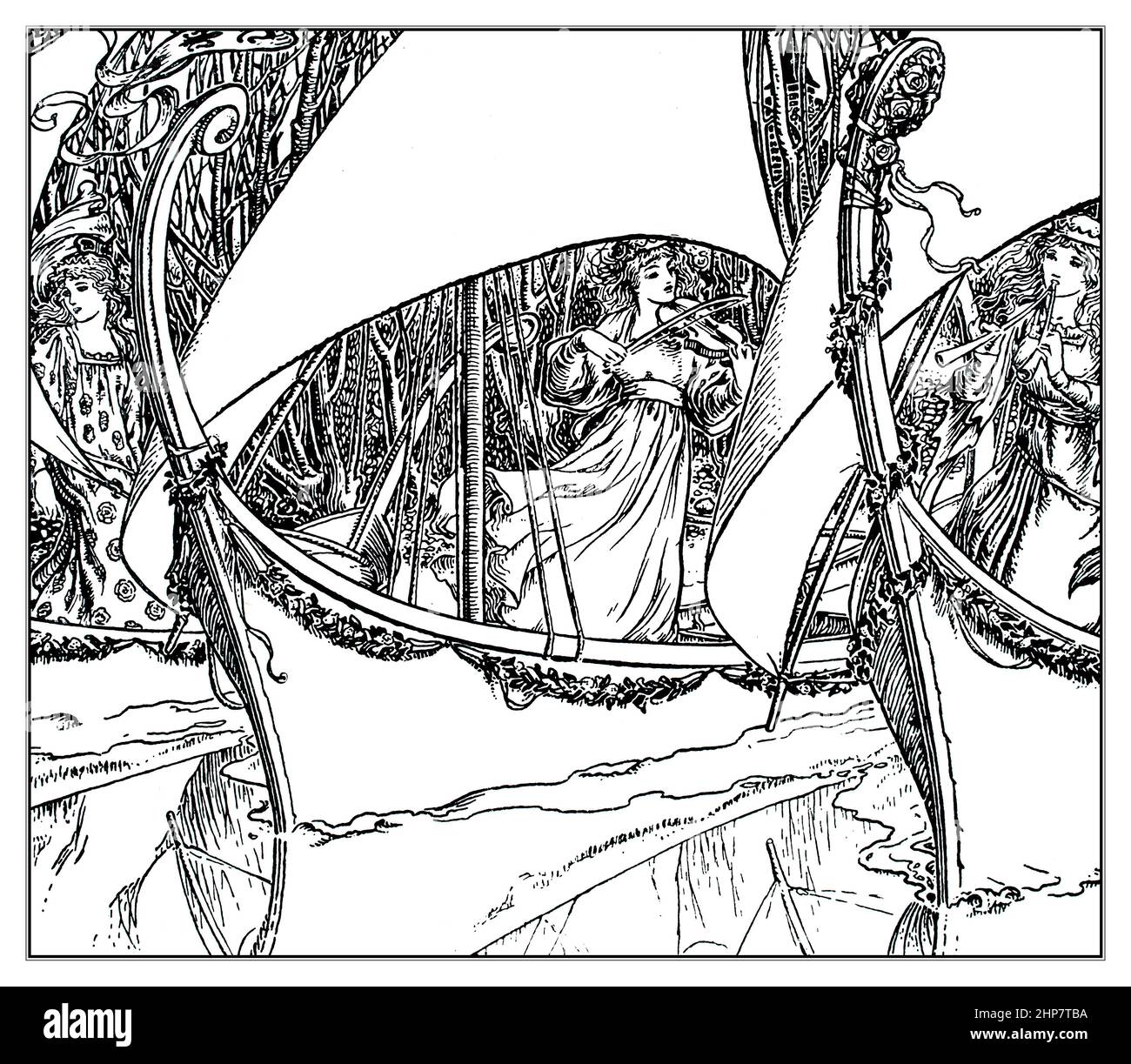 J'ai vu trois navires, des femmes jouant de la musique sur des bateaux, 1897 illustration par Paul Woodroffe, de nursery Rhymes publié par George Allen Banque D'Images