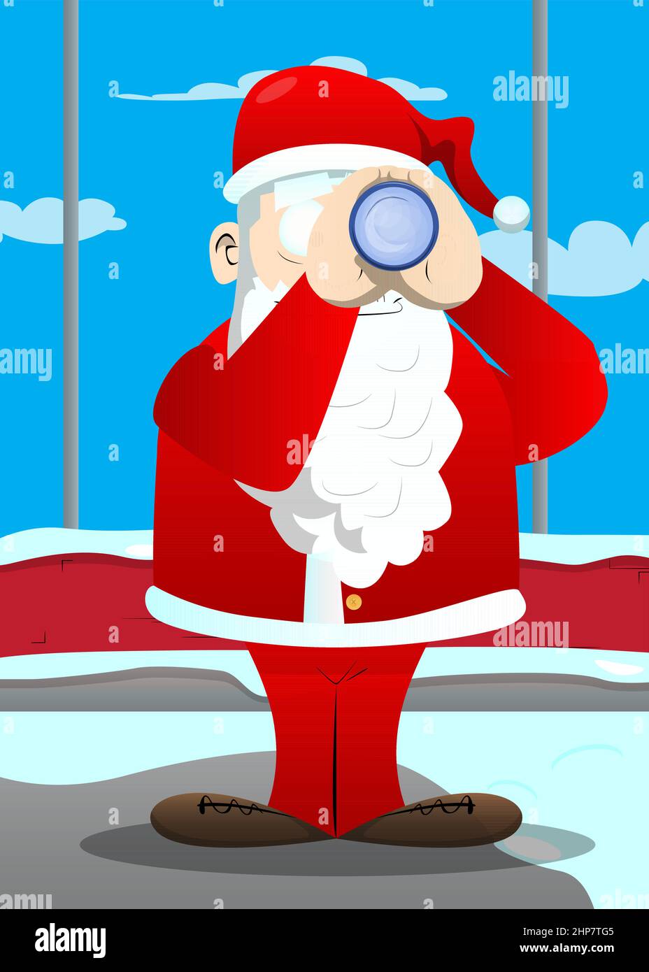 Le Père Noël dans ses vêtements rouges avec une barbe blanche tenant des jumelles dans ses mains. Illustration de Vecteur