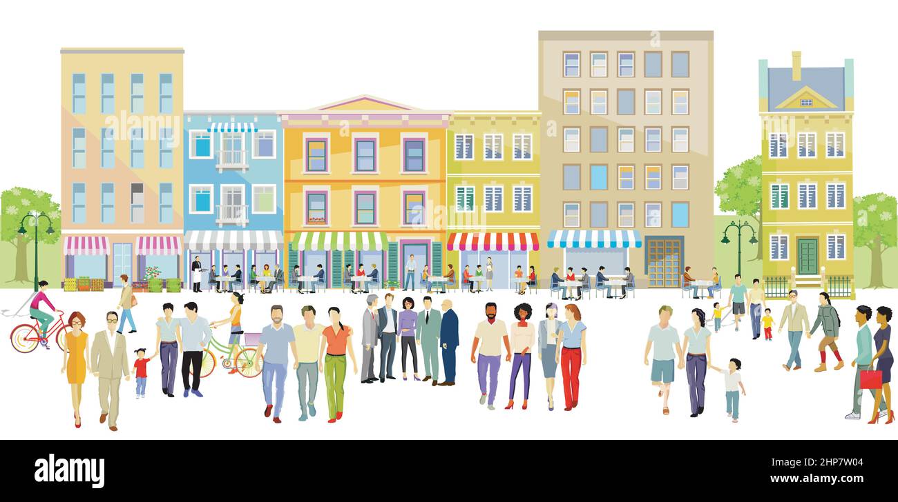 Les gens loisirs vie dans une ville avec des restaurants et bistros, illustration Illustration de Vecteur