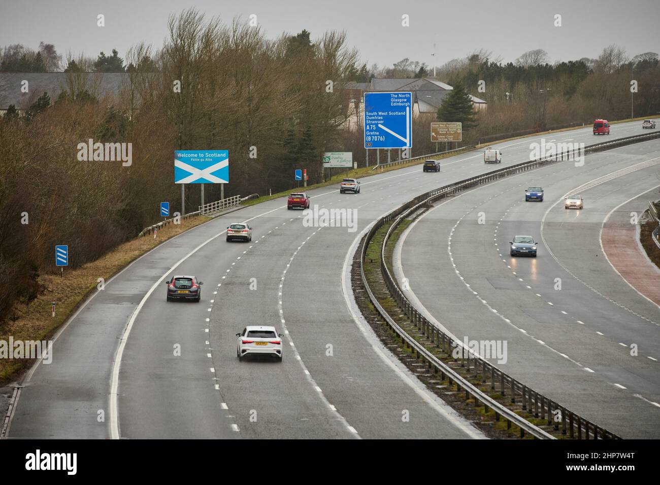 Bienvenue à l'Écosse panneau sur le Scottish, Angleterre Boarder sur l'autoroute M6 à Gretna Green Banque D'Images