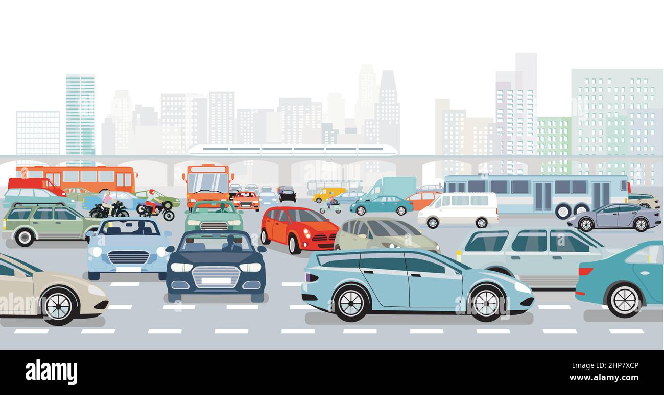 Grande ville en heure de pointe à une intersection dans l'embouteillage et illustration des transports en commun Illustration de Vecteur
