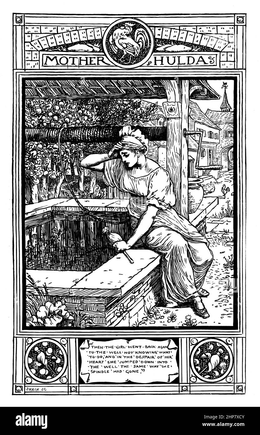 Mère Hulda, fille avec broche à puits, 1882 illustration par Walter Crane, de Household Stories from Grimm, publié par Macmillan and Co Banque D'Images