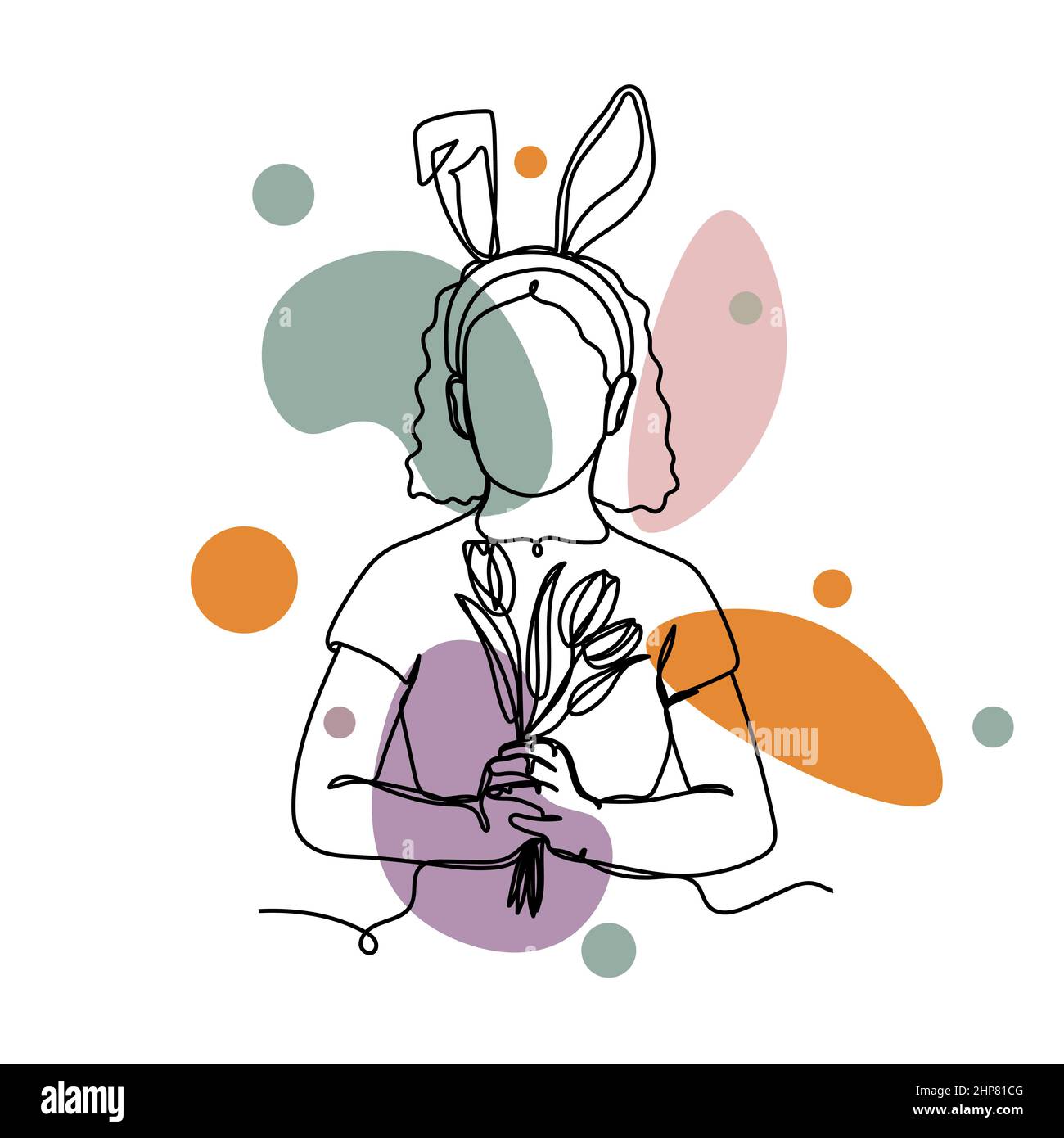 Vecteur résumé continu une ligne simple dessin icône de petite fille avec des oreilles lapin tenant un bouquet de Pâques concept de jour en silhouette esquisse. Idéal pour les cartes de vœux Illustration de Vecteur