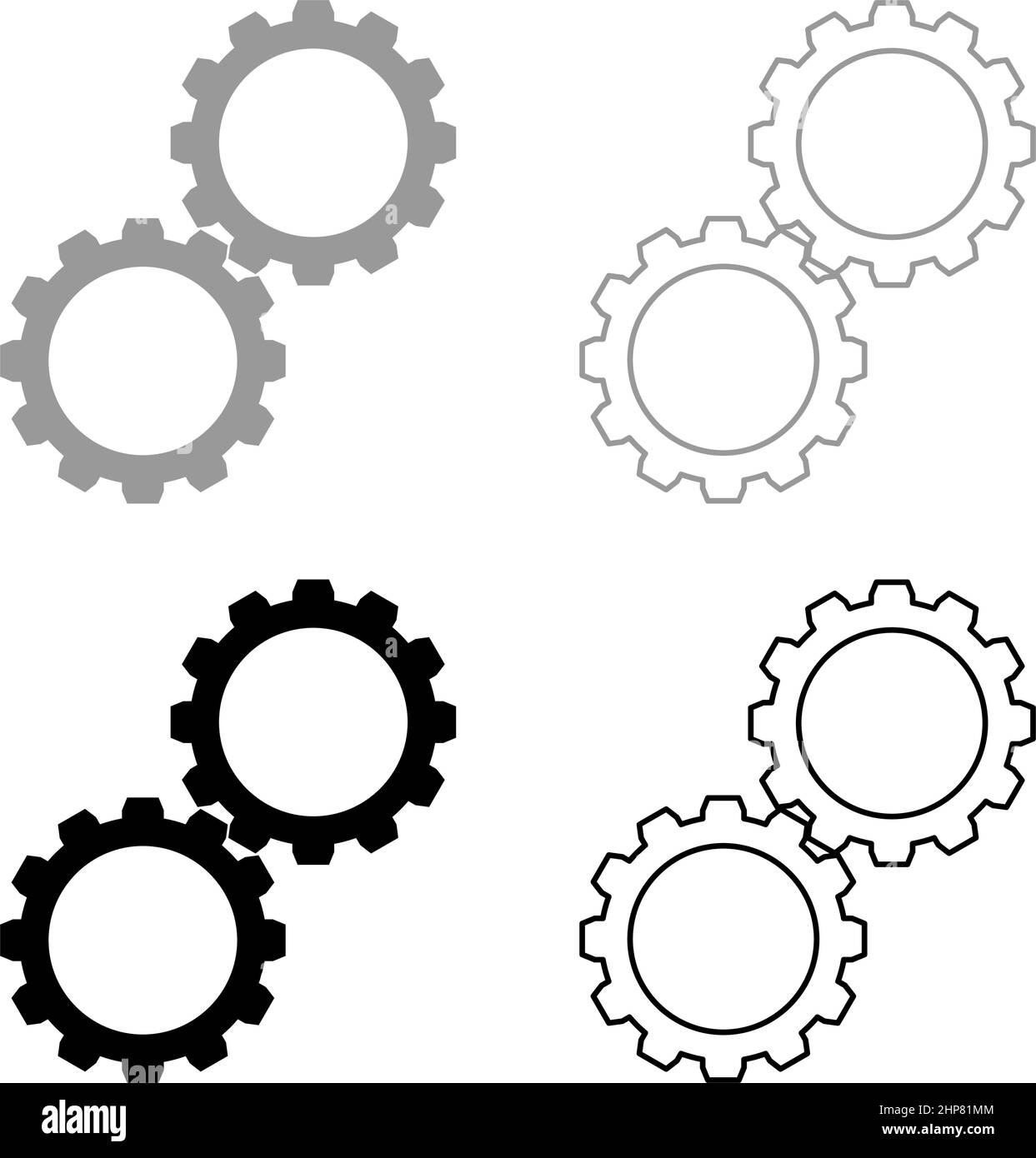 Deux engrenages engrenage roue dentée jeu roues dentées connectées dans le mécanisme de travail ensemble icône gris noir couleur vecteur illustration image style plat remplissage plein contour ligne mince Illustration de Vecteur