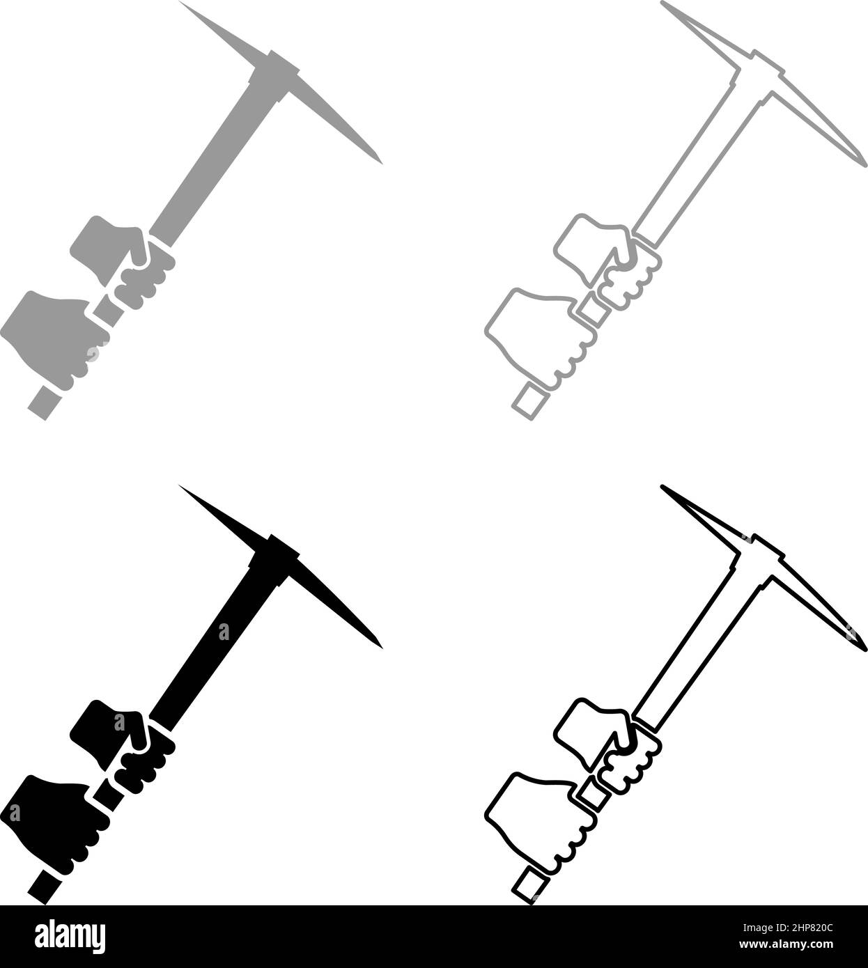 Mine pioche Mattock pioche hache dans main ensemble icône gris noir couleur vecteur illustration image style plat plein remplir contour ligne mince Illustration de Vecteur