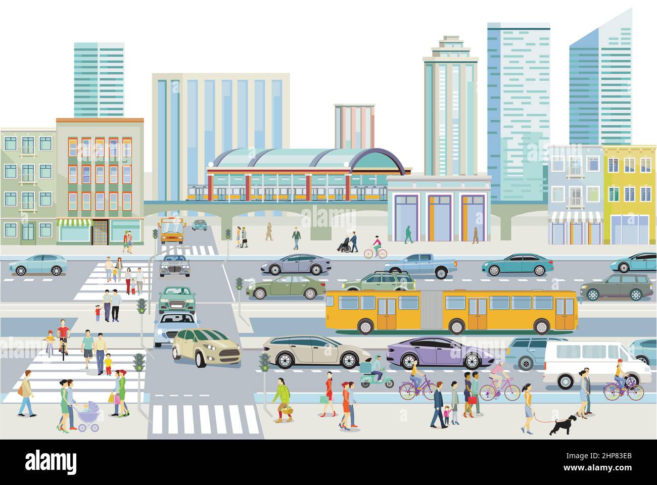 Grande ville avec circulation routière et train surélevé, et de nombreux bâtiments, illustration Illustration de Vecteur