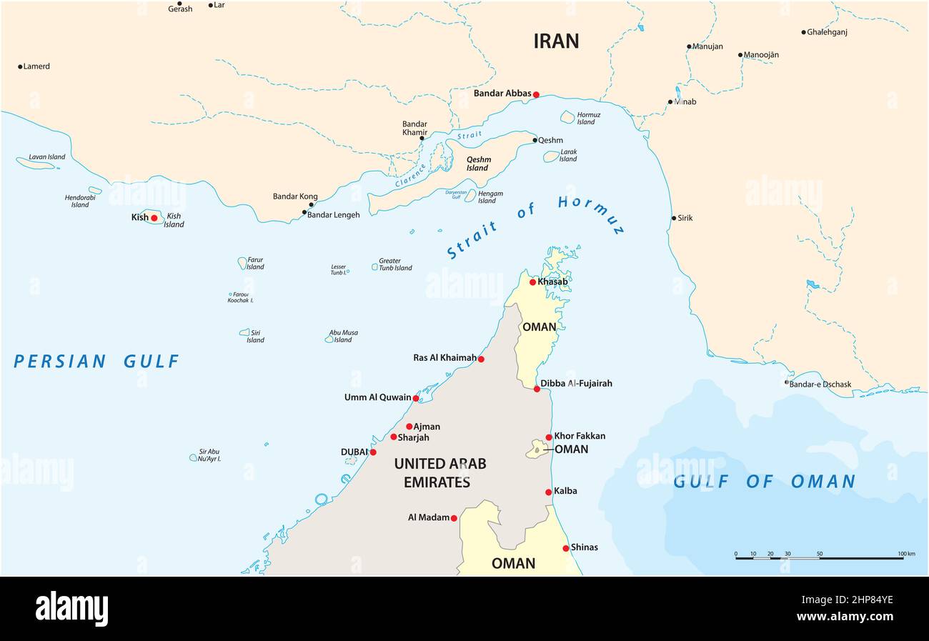 Carte vectorielle graphique du détroit d'Ormuz, Iran, Oman
