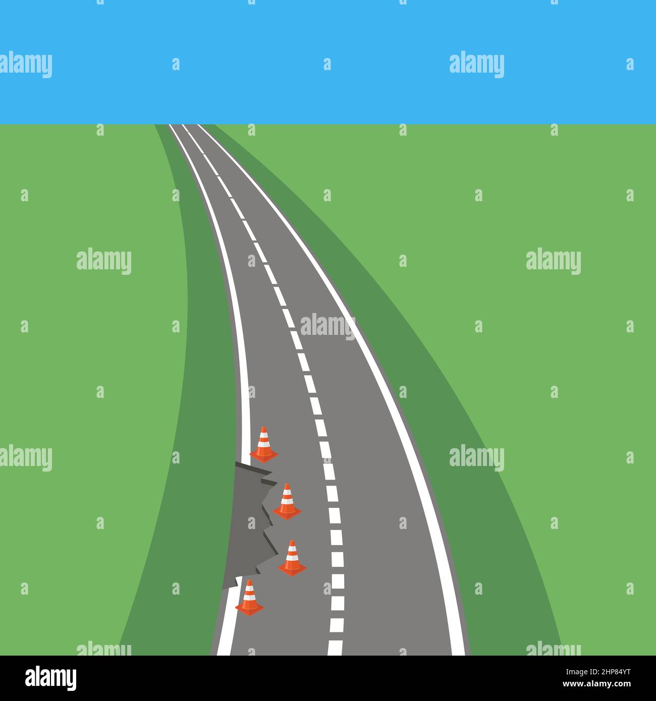 Icône de cône de circulation rouge rayée sur fond de route gris. Illustration de Vecteur