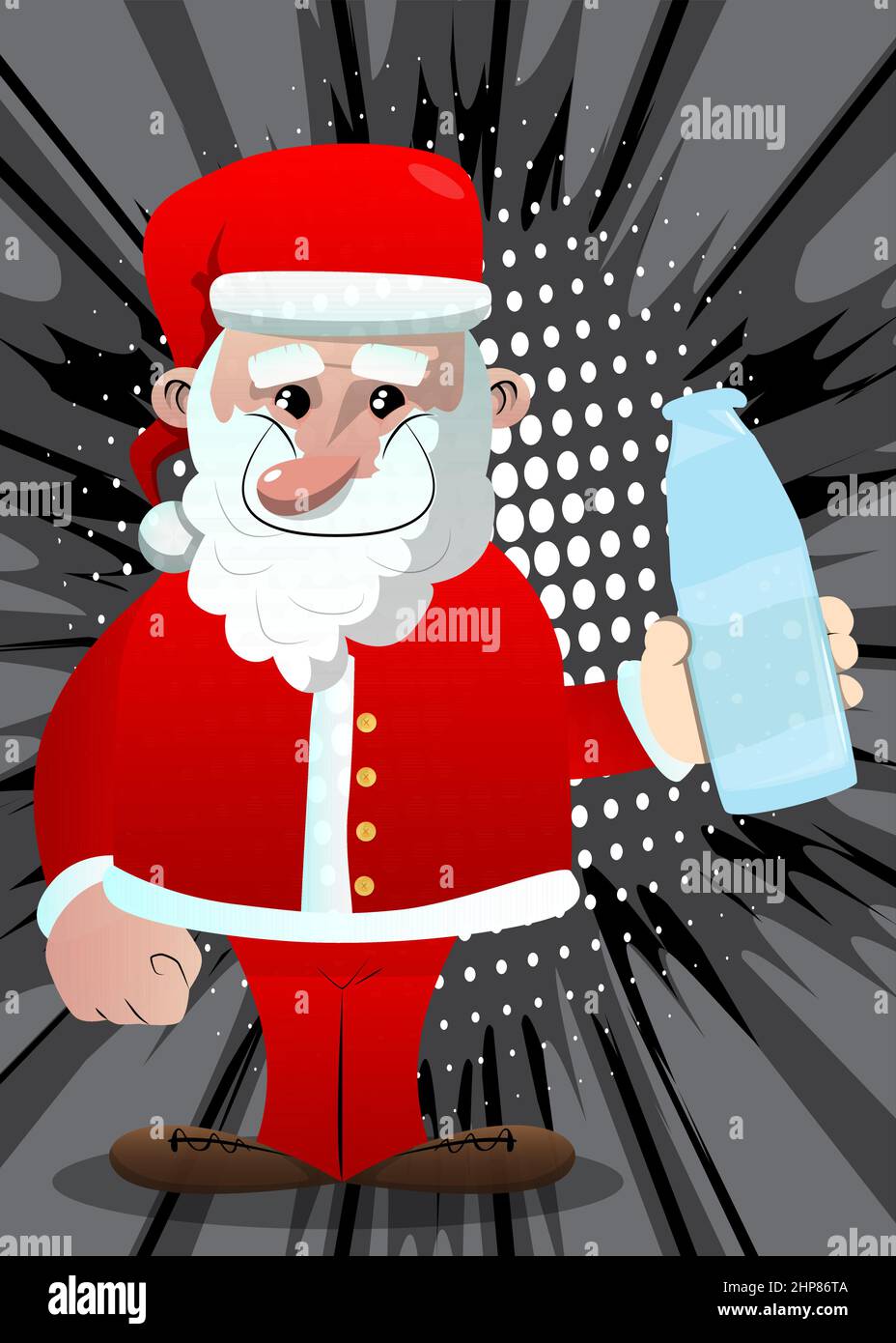 Le Père Noël dans ses vêtements rouges avec une barbe blanche qui boit de l'eau dans une bouteille de verre. Illustration de Vecteur