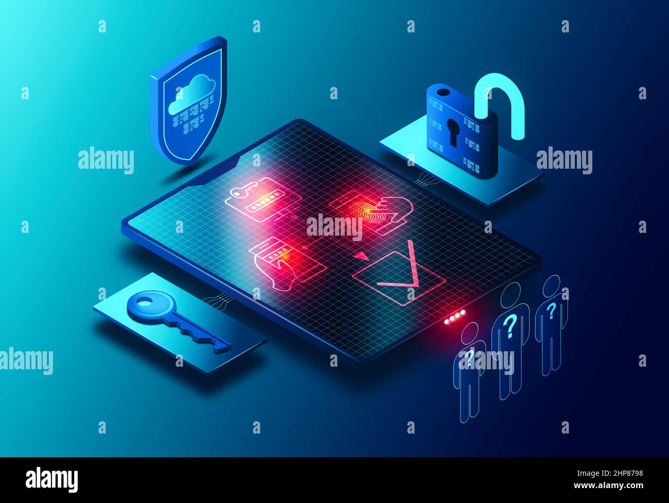 Concept d'authentification multifacteur - MFA - écran avec facteurs d'authentification entourés d'éléments d'accès numérique et d'identité - Cybersecurity sol Banque D'Images