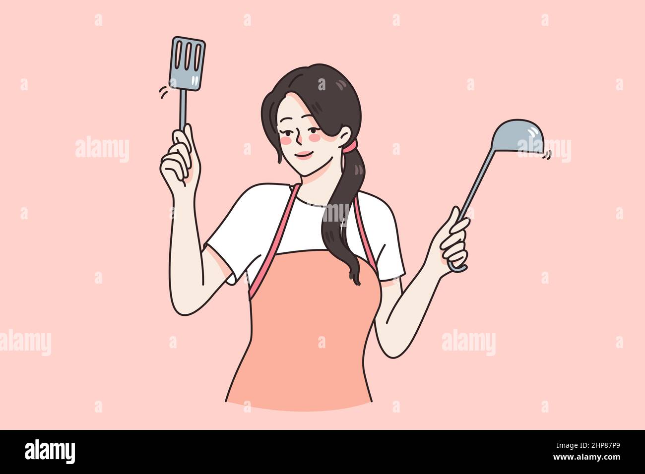 Bonne femme de ménage dans un tablier porte ustensiles de cuisine nourriture Illustration de Vecteur