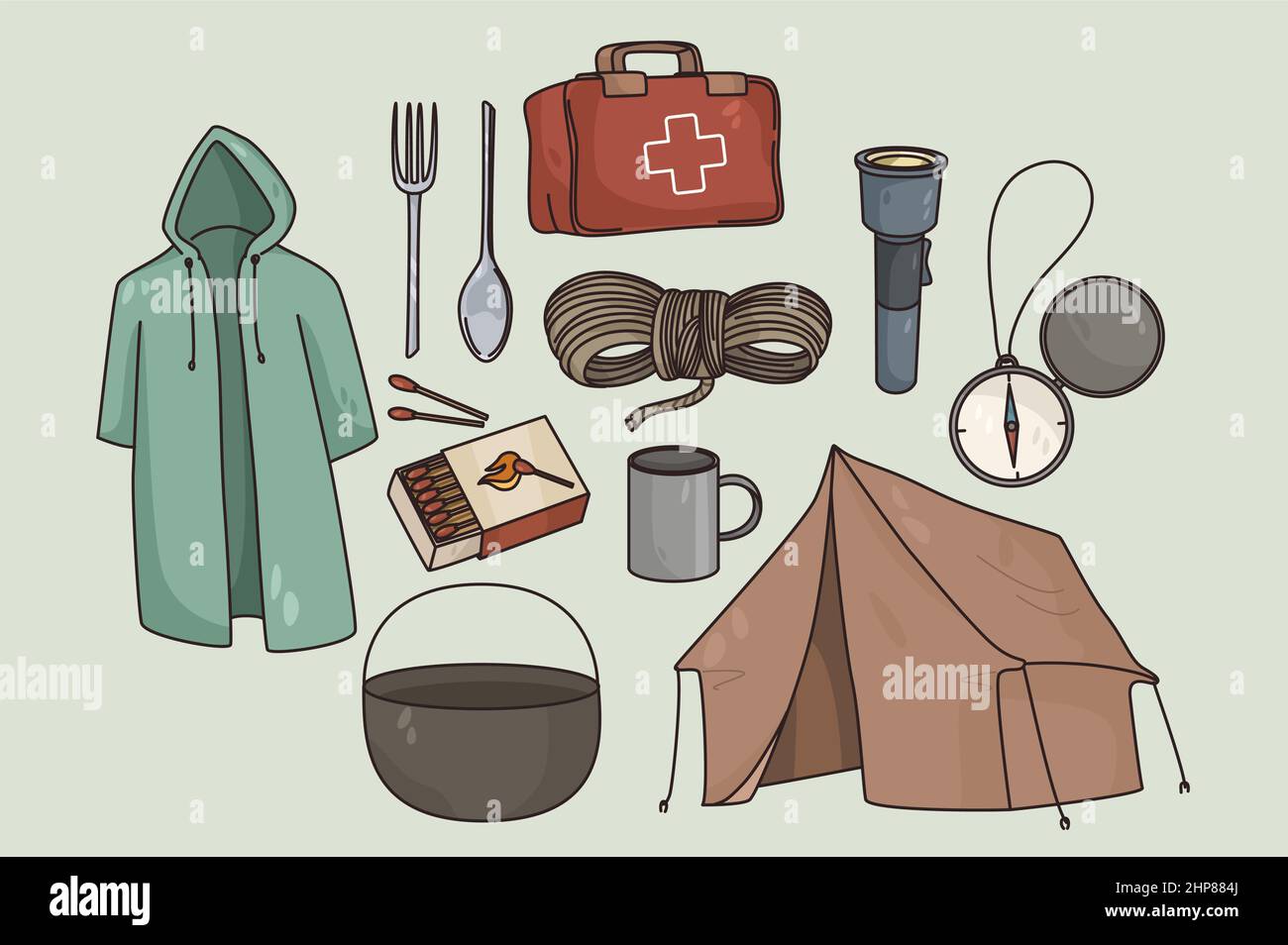 Ensemble coloré d'outils pour la randonnée ou le camping Illustration de Vecteur