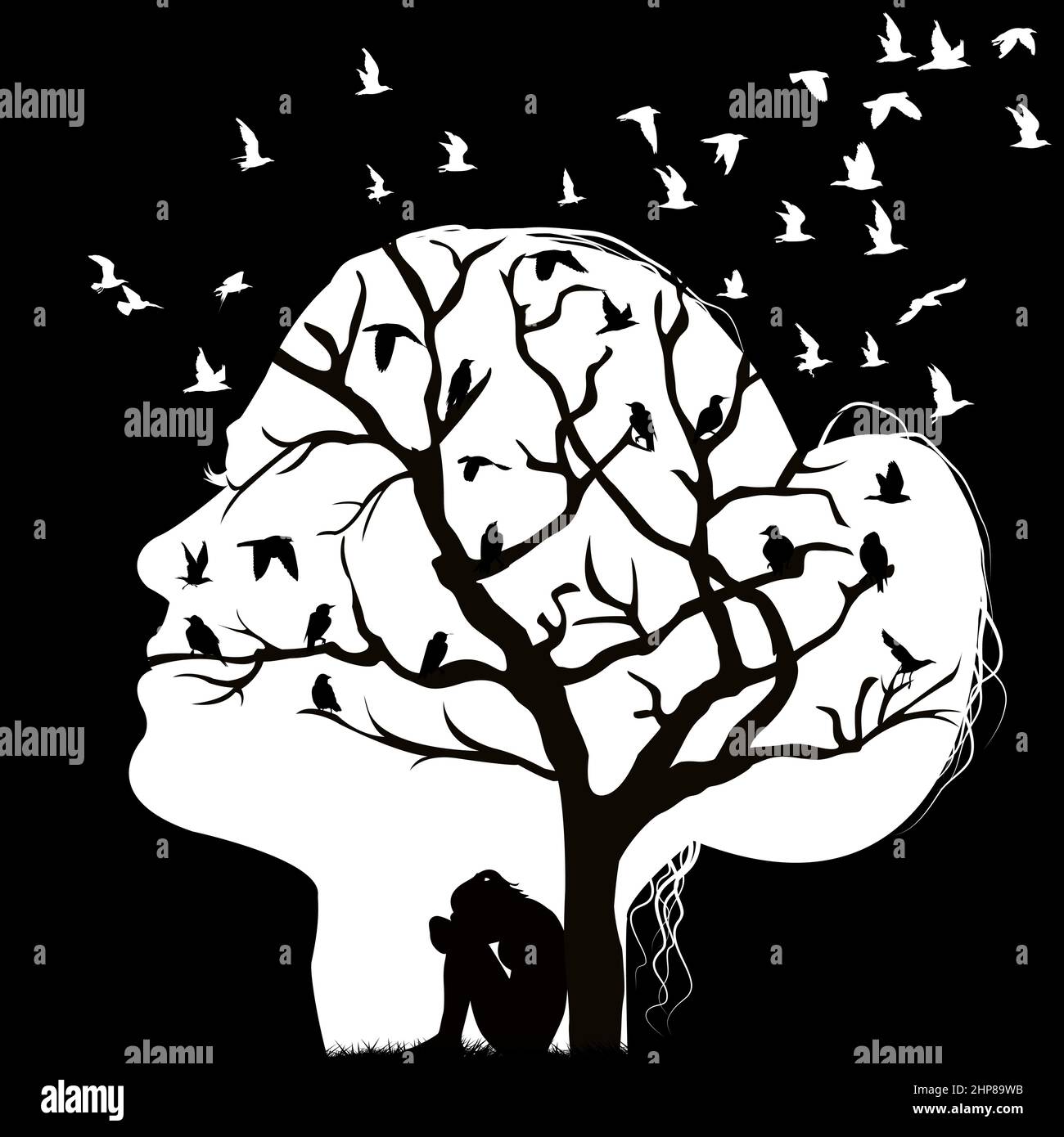 Composition abstraite avec silhouette de la tête femme et la triste femme sous un arbre Illustration de Vecteur