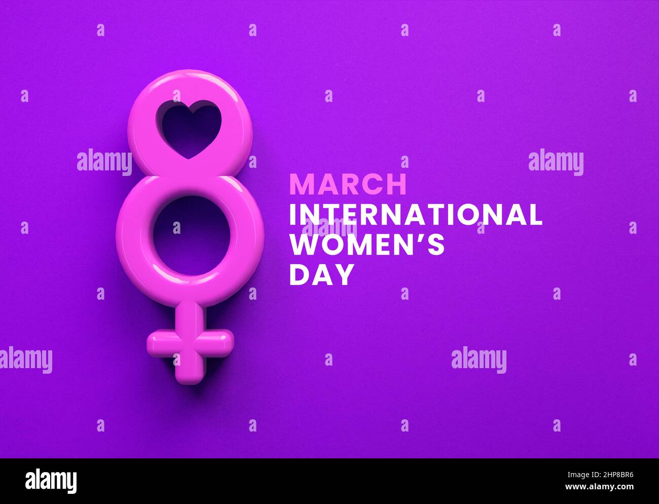 Affiche sur les réseaux sociaux Women Day Icon avec le 8 mars et le symbole féminin sur fond violet dans l'illustration 3D. Féminisme international, indépendance, sœur Banque D'Images
