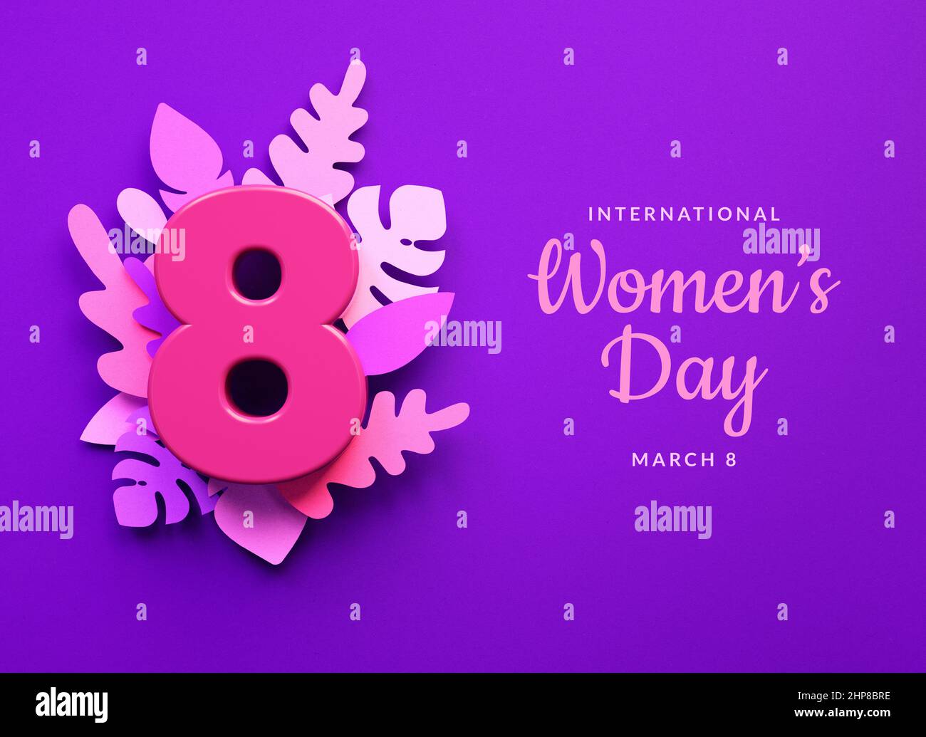 Modèle de message social de la Journée internationale des femmes avec le numéro 8 et des ornements floraux dans l'illustration 3D. Mars 8 pour le féminisme, l'indépendance, sisterh Banque D'Images