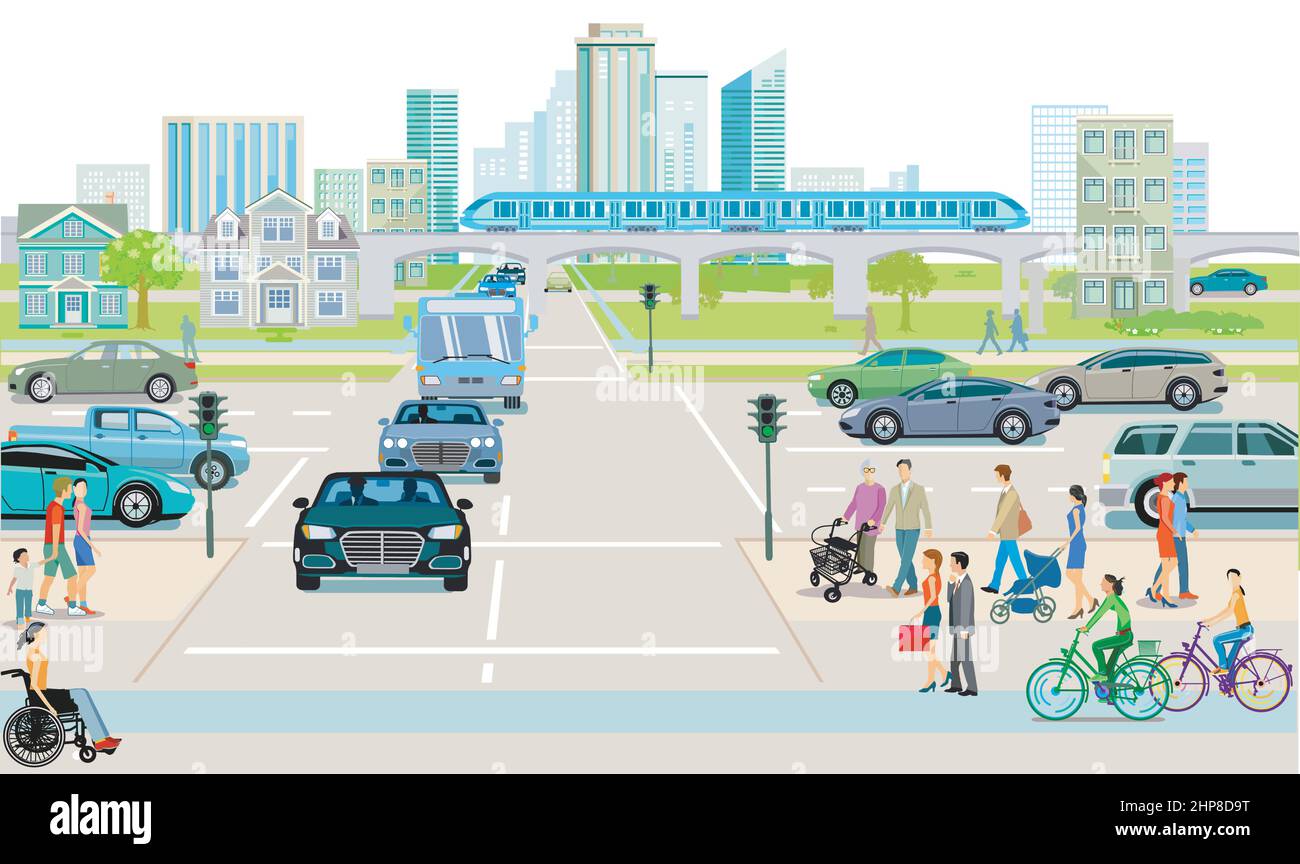 Grande ville avec piétons et circulation routière, illustration Illustration de Vecteur