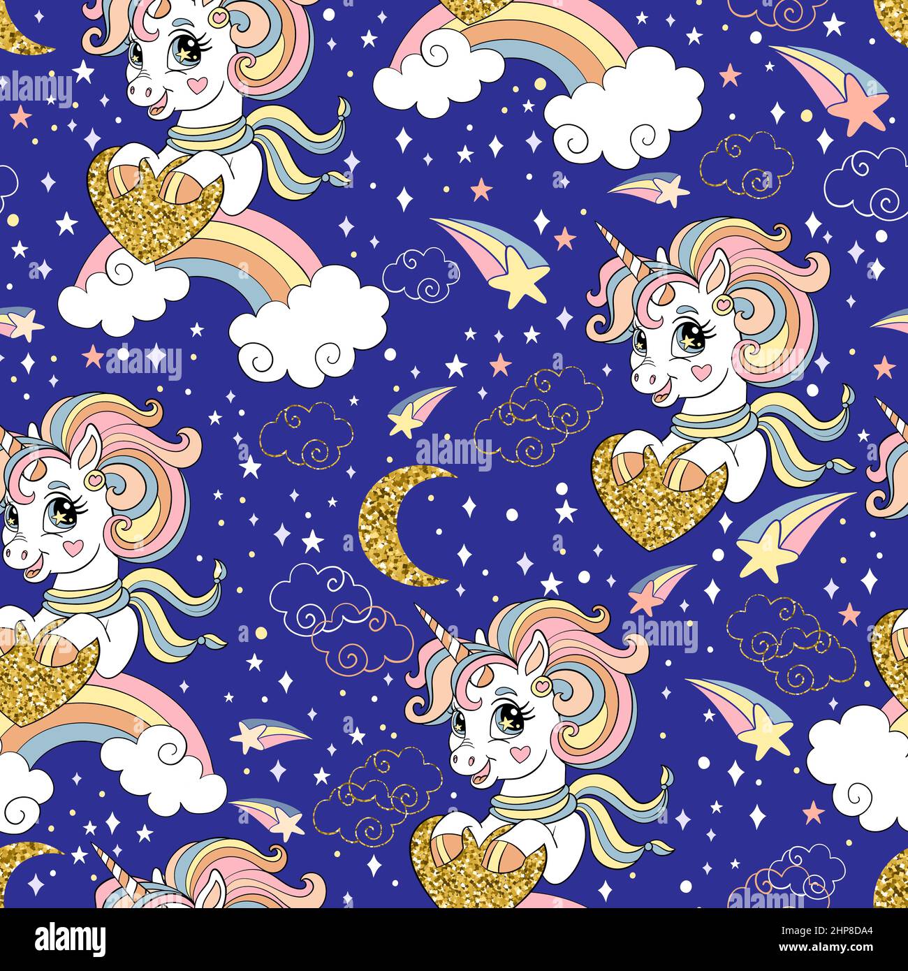 Adorable dessin animé unicorn avec coeur doré brillant et éléments cosmiques sur fond bleu. Motif sans couture. Pour l'impression, le papier d'emballage, le linge, le design et Illustration de Vecteur