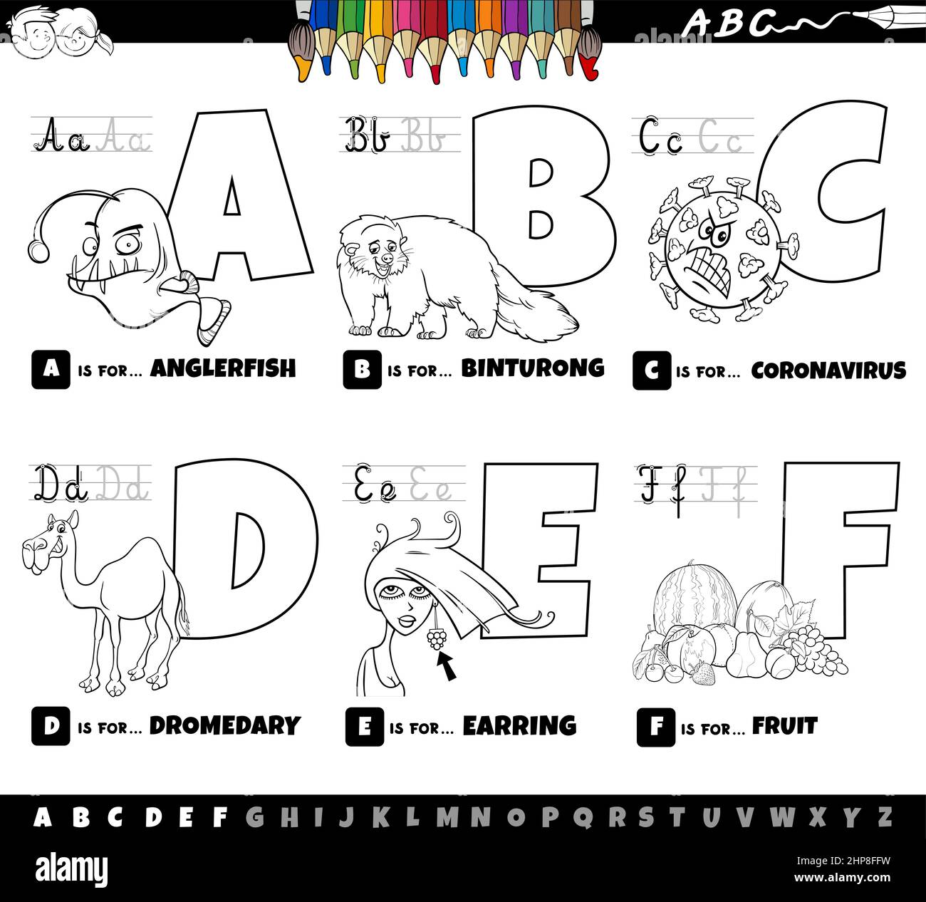 Lettres de l'alphabet de dessin animé éducatif ensemble de A à F page de livre de couleur Illustration de Vecteur