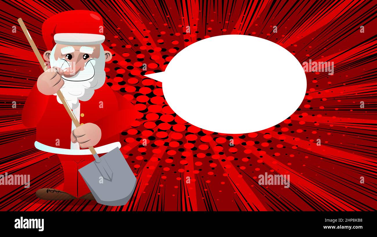 Le Père Noël dans ses vêtements rouges avec une barbe blanche tenant une pelle. Illustration de Vecteur