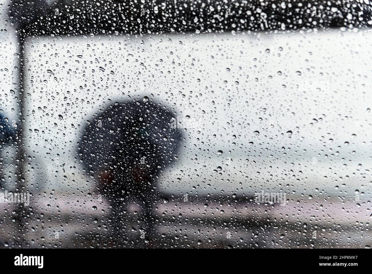 Salvador, Bahia, Brésil - 15 novembre 2021 : un passager assis à l'arrêt d'autobus avec un parapluie.Salvador, Bahia, Brésil. Banque D'Images