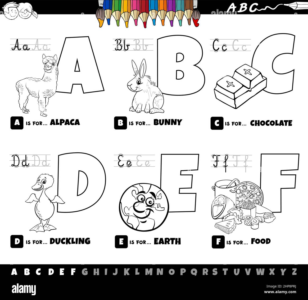 Lettres de l'alphabet de dessin animé éducatif ensemble de A à F page de livre de couleur Illustration de Vecteur