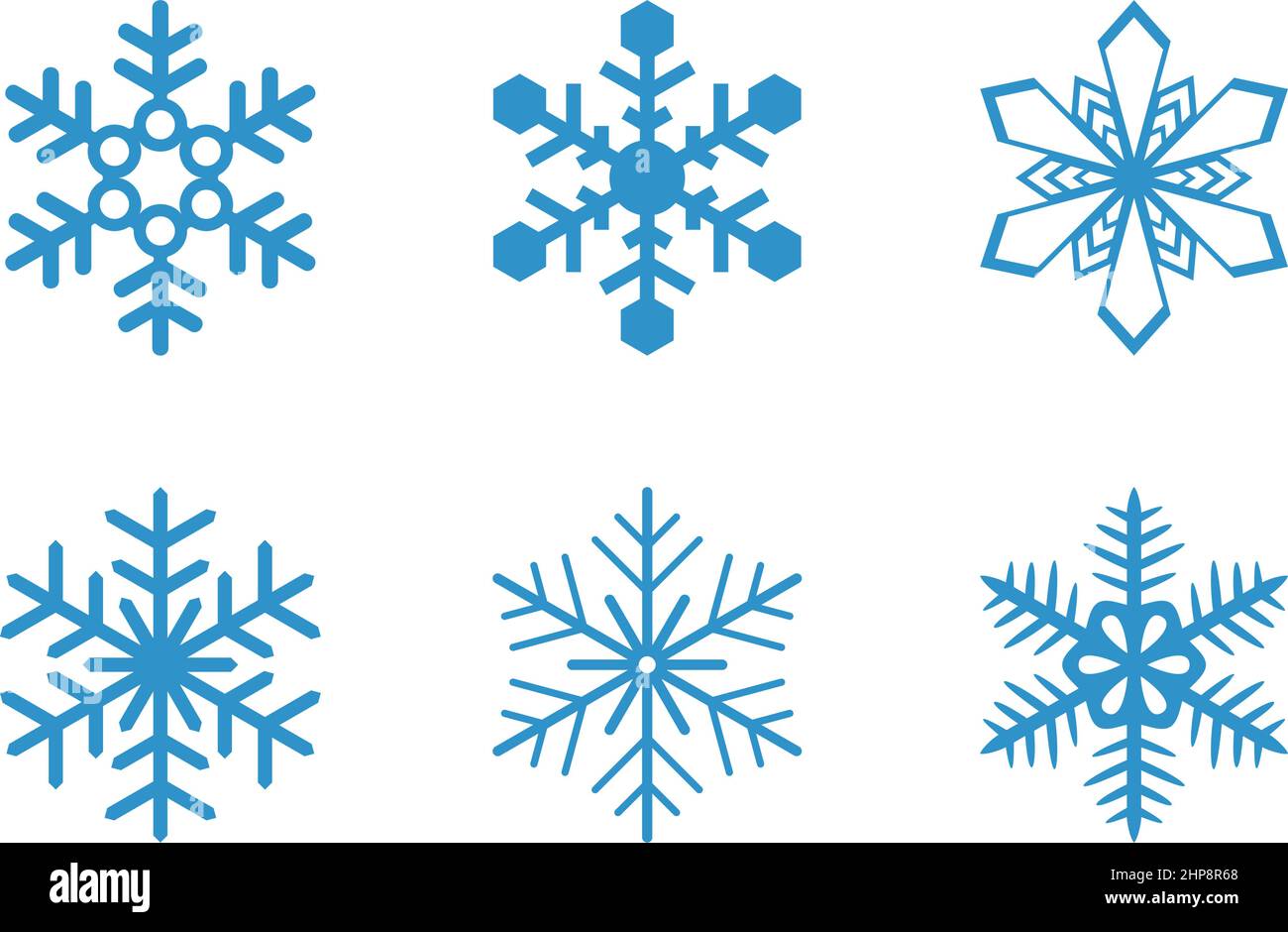 Symboles de flocon de neige abstrait givré bleu glacé sur fond blanc. Illustration de Vecteur