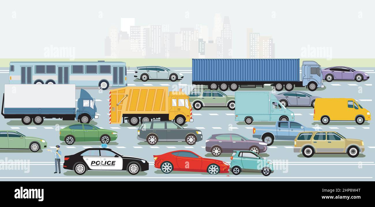 Autoroute avec camions et voitures de tourisme, illustration Illustration de Vecteur