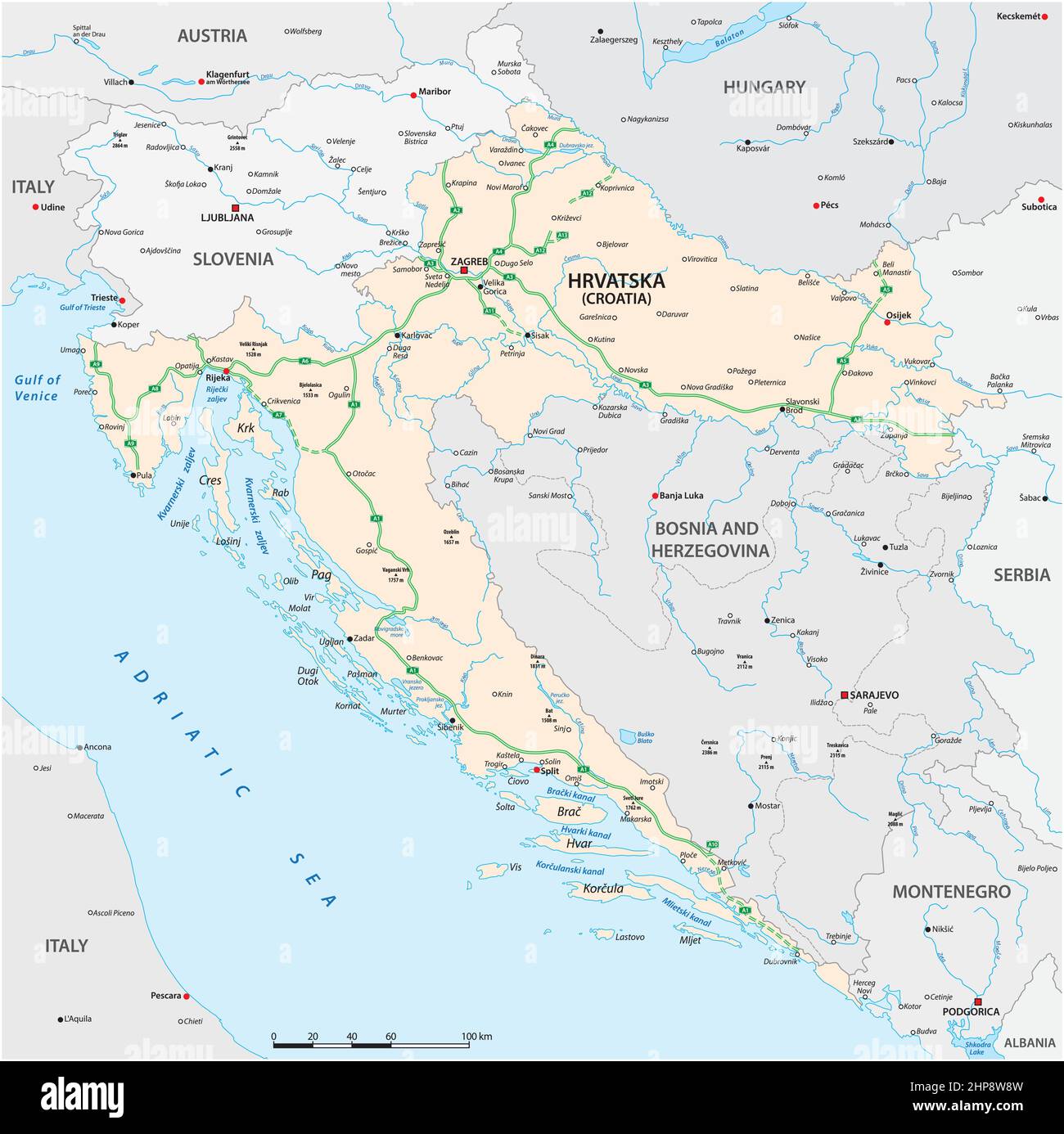 Carte vectorielle des autoroutes et des principales villes de Croatie Illustration de Vecteur