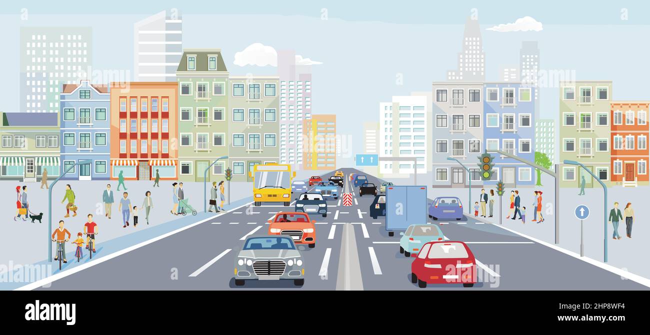 Ville avec circulation routière et piétons sur le trottoir Illustration de Vecteur