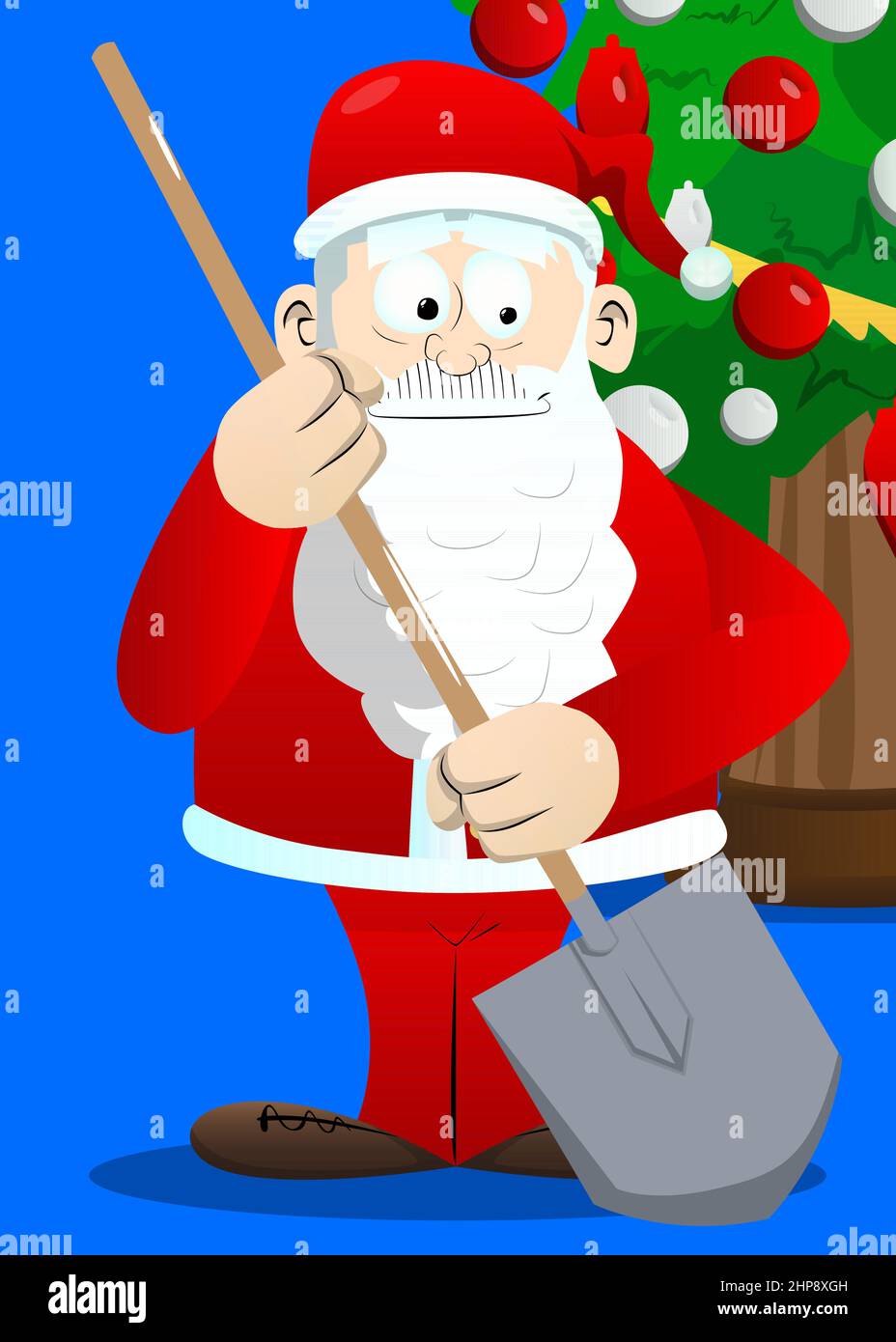 Le Père Noël dans ses vêtements rouges avec une barbe blanche tenant une pelle. Illustration de Vecteur