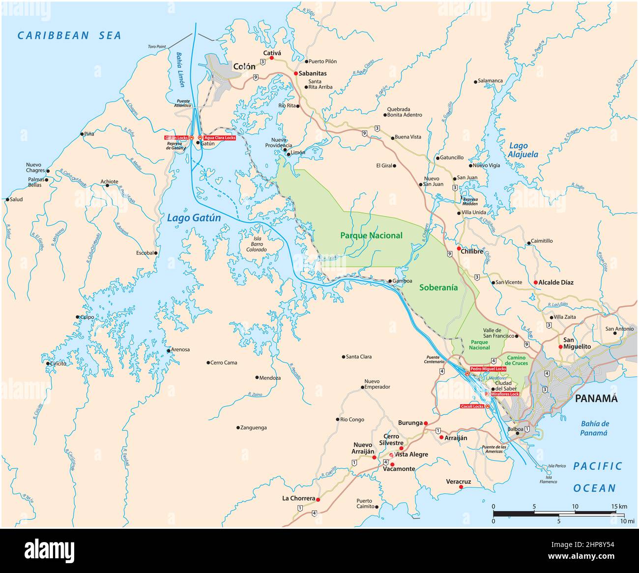 Carte vectorielle de la voie navigable de 82 kilomètres de long Canal de Panama, Panama Illustration de Vecteur