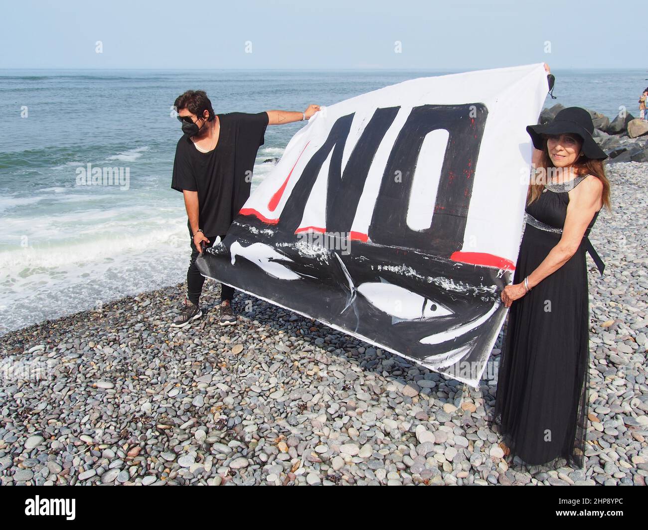 "NON" peut être lu dans une bannière quand comme une action de protestation contre la marée noire de Repsol qui a causé une catastrophe écologique sur les côtes de Lima et El Callao, un groupe d'activistes a effectué une cérémonie de mariage avec la mer sur la plage de Makaha à Lima. Le 15th janvier, plus de 10 000 000 barils de pétrole ont été déversés dans la mer à la raffinerie de la Pampilla exploitée par Repsol, une compagnie pétrolière espagnole, qui a produit l'une des plus grandes catastrophes écologiques du Pérou. Banque D'Images