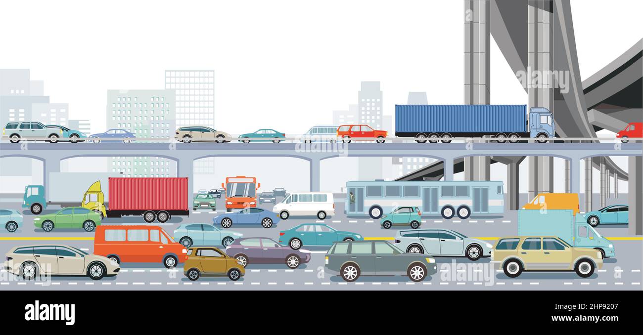 Grande ville en heure de pointe avec une intersection dans l'embouteillage et illustration des transports en commun Illustration de Vecteur