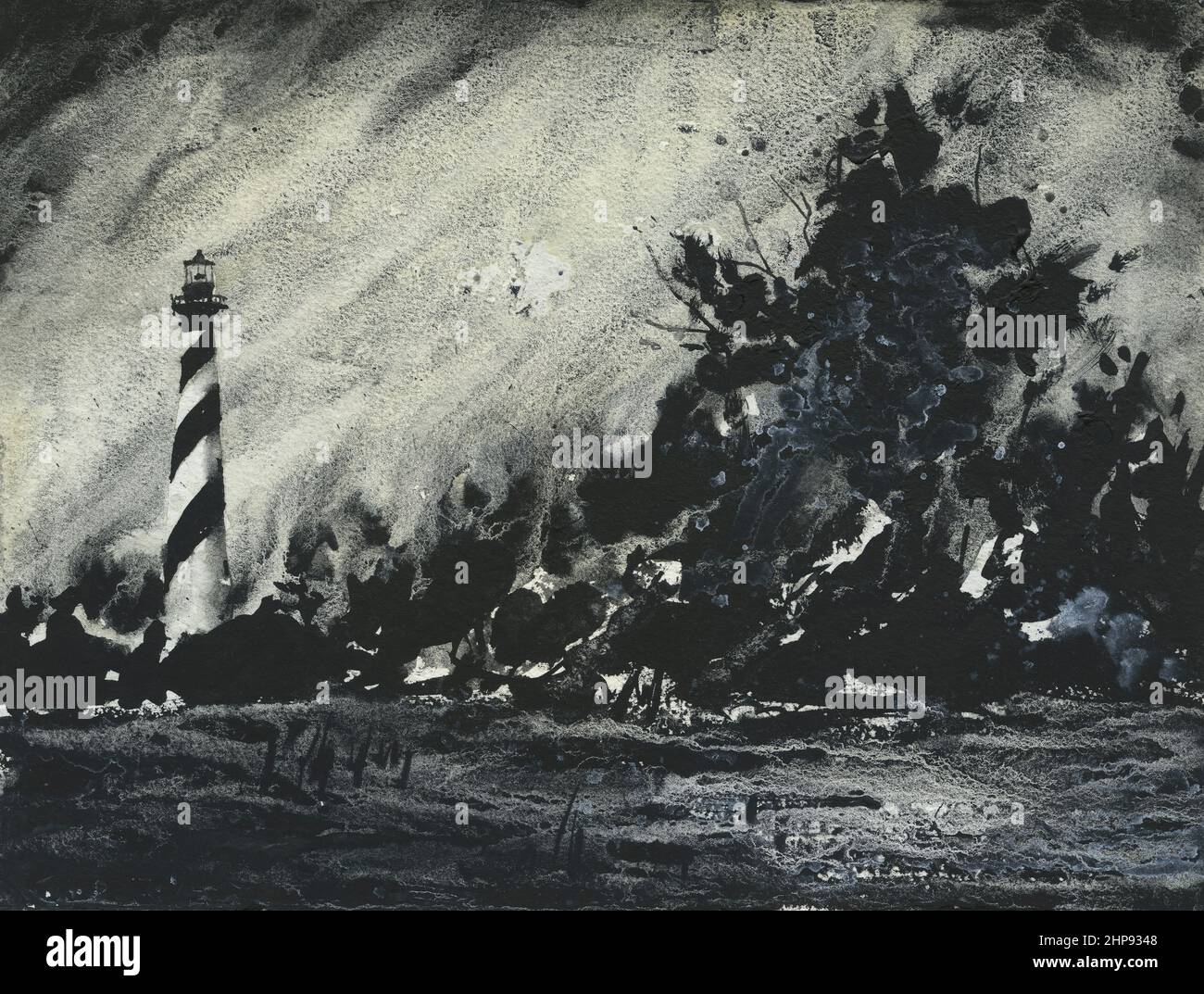 Phare de Cape Hatteras sur les rives extérieures, NC art monochromatique peinture aquarelle phare de Cape Hatteras, OBX. Phare de Caroline du Nord Banque D'Images