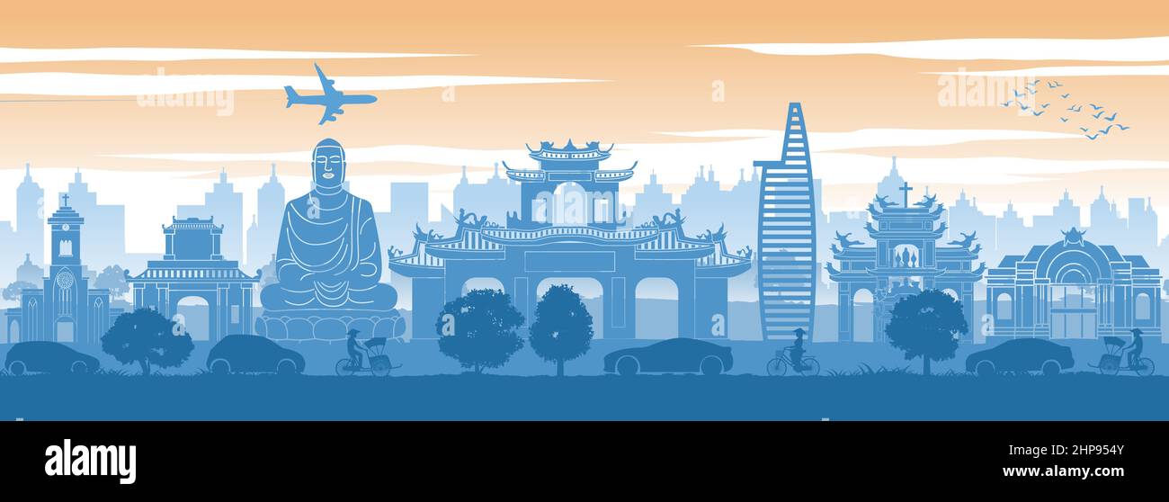 Célèbre monument du Vietnam à l'arrière des voitures et de la rue dans le style de décor silhouette de conception, illustration vectorielle Illustration de Vecteur