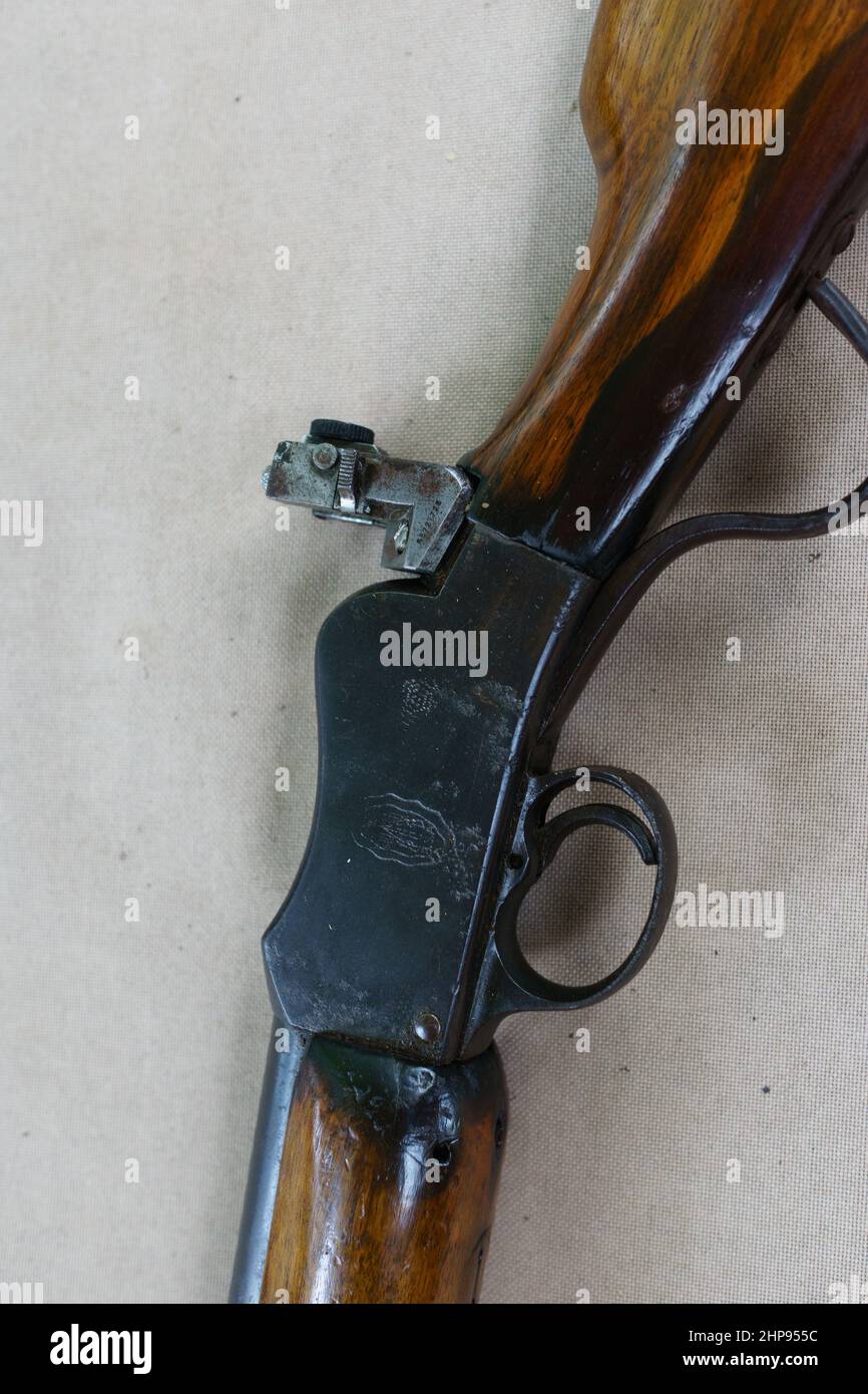 Détail de l'action d'un fusil à tir unique à bloc de tir long BSA .22. Ce fusil a été fabriqué par la Birmingham Small Arms Company de Birmingham, en Banque D'Images