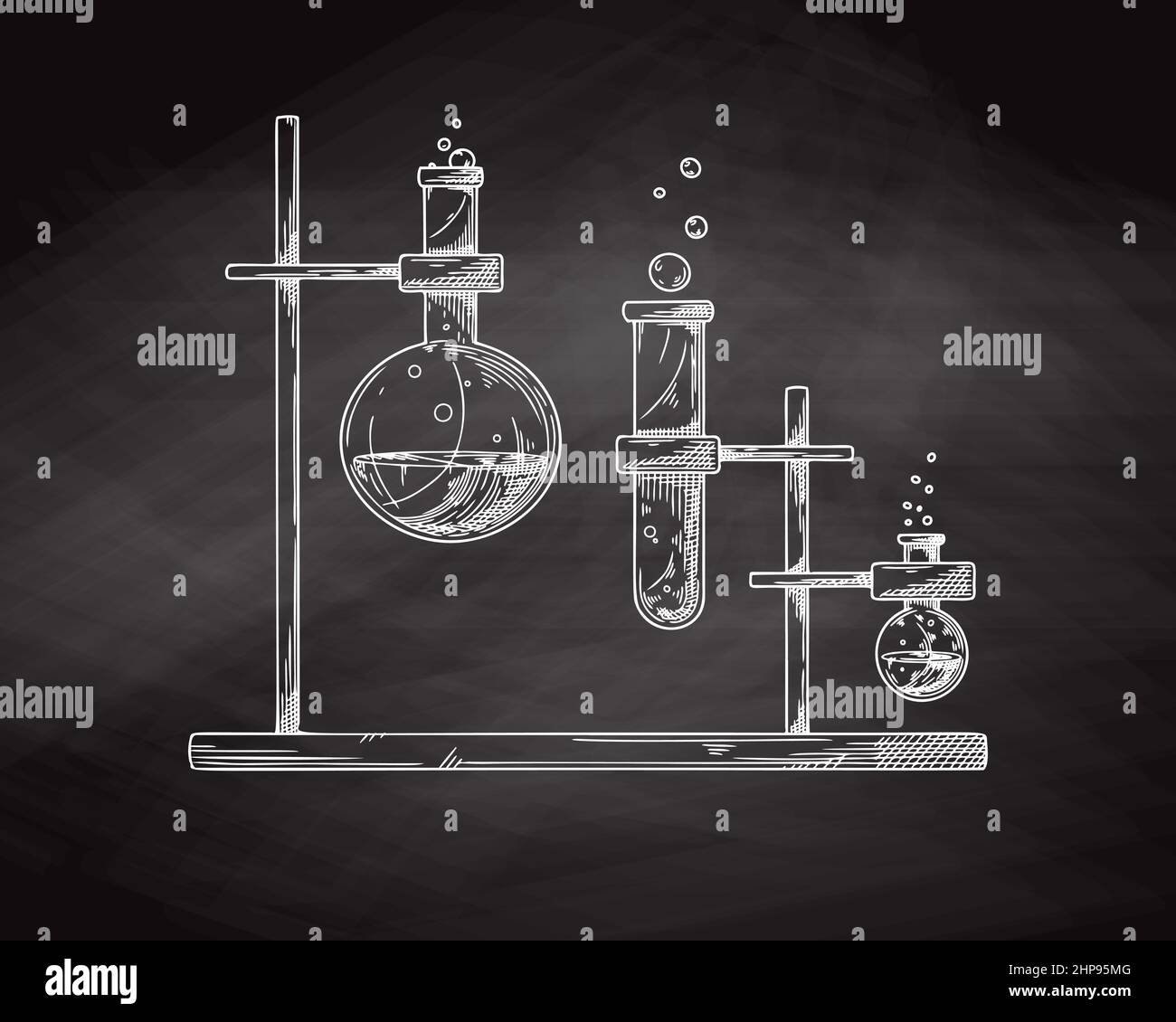 Esquisse d'objets de laboratoire chimique.Verrerie pour une expérience chimique sur un tableau à craie.Flacons pharmaceutiques vectoriels, béchers et tubes à essai.Dis Illustration de Vecteur