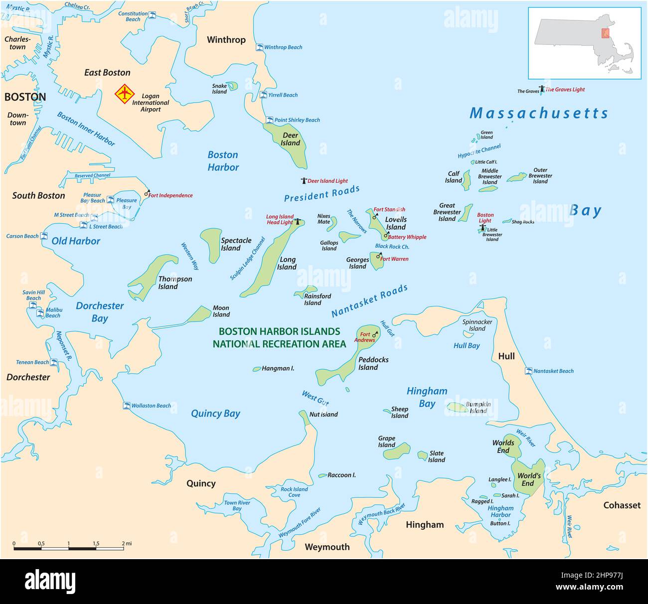 Carte de la zone de loisirs nationale des îles du port de Boston, Massachusetts, États-Unis Illustration de Vecteur