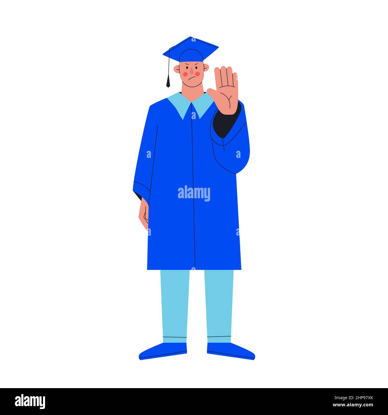 Un gars en colère dans la robe de graduation bleue et le chapeau est montre un geste d'arrêt. Problèmes des diplômés de collège ou d'université. Illustration du vecteur de caractères. Classe Illustration de Vecteur