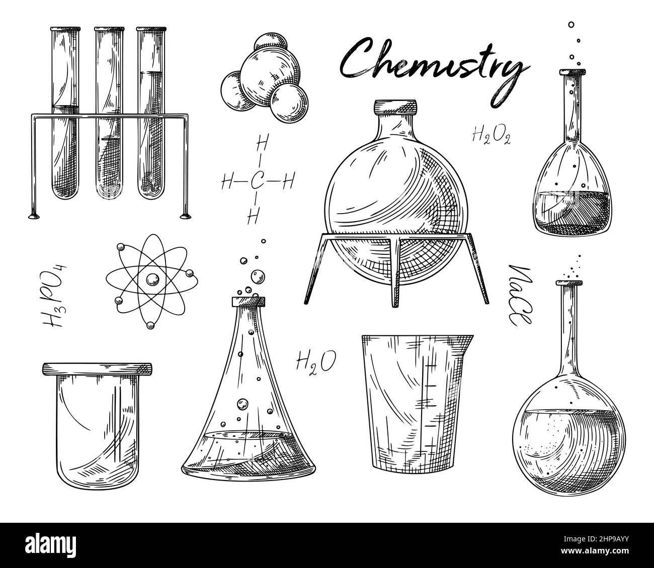 Jeu de différents flacons pharmaceutiques, béchers et tubes à essai. Esquisse d'objets de laboratoire chimique. Symbole de découverte et de chimie. Illustration de Vecteur
